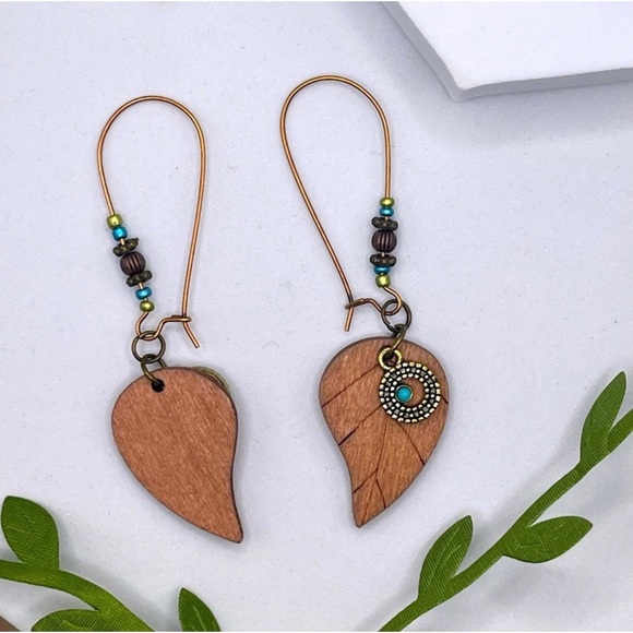1 LEFT! Bohemian Beaded Wood Leaf Earrings - Picture 3 of 3
